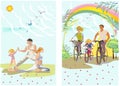 Happy family outdoors amoung green nature and flowers. Riding the bicycles and doing physical activities. Royalty Free Stock Photo
